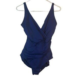 Women's Tropical Escape Cobalt Blue Ruched V-Neck Swimsuit Size 8 EUC #7800